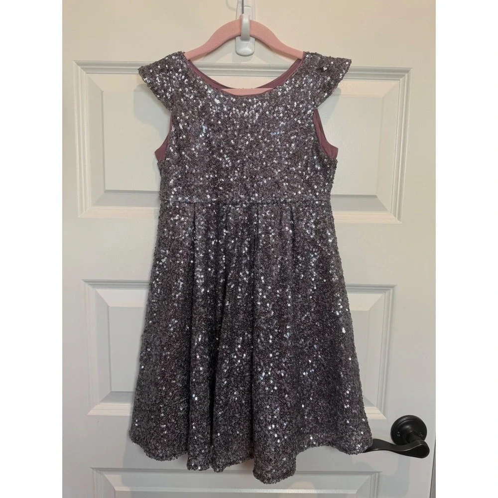 14.Ilovegorgeous Kids Mauve Purple Sequin Cap Sleeve Party Dress Size 6-7